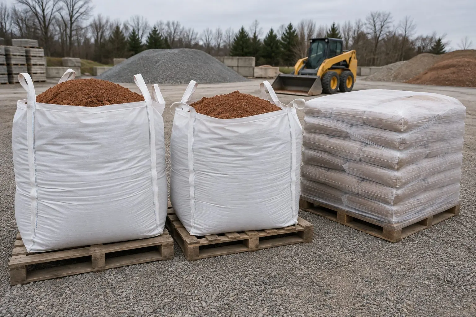 Bulk bags and pallets of infield materials ready for pickup, serving Dayton, OH