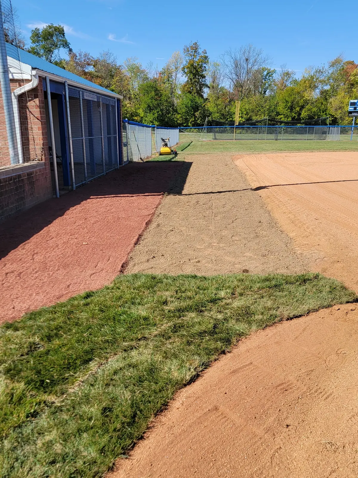 Fresh sod laid along a new softball infield edge beside the dugout, serving Dayton, OH